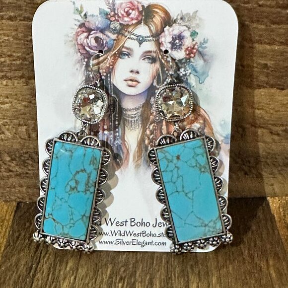 Boho Turquoise Elegance: Crystal-Studded Rectangle Earrings, Gift Box - Picture 11 of 11